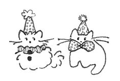 two cats with hats and bow ties on their heads, one is wearing a party hat