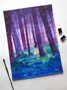 Painting Ideas On Notebook, Mystical Forest Drawing, Big Art Painting, Water Doodle, Watercolor Negative Painting, Art Painting Ideas, Moon Board, Forest Drawing, Watercolor Gouache