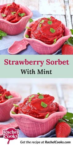 strawberry sorbet with mint in a pink bowl