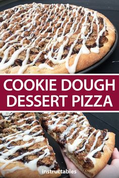 a close up of a person holding a slice of cookie dough dessert pizza with white icing