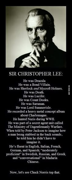 an image of a man in a suit and tie with the words sir christopher lee