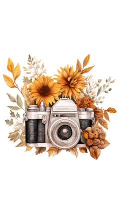 a camera with sunflowers and leaves around it