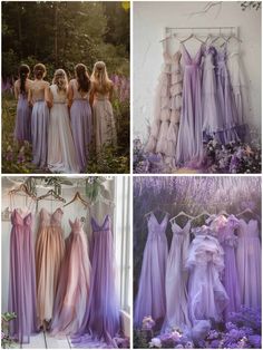 four different pictures of dresses hanging in front of a window and lavender flowers behind them