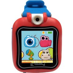 a red and blue case with an image of a cartoon character on the screen in front of it