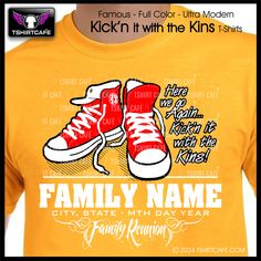 "T-Shirt Cafe famous \"Kick'n It With the Kins\" Family Reunion T-Shirts Vivid, full color print on top quality Color T-Shirt customized with your family name. We only use the top brand name T-Shirts in our printing process. GILDAN® ULTRA COTTON T-SHIRT G2000 * 6.0 oz. 100% preshrunk cotton (18 singles) * Taped neck and shoulders * Quarter-turned to eliminate center crease * Double needle sleeves and bottom hem * Seamless double needle 7/8\" collar T-Shirt Size: All t-shirts are Uni-sex and true Family Reunion Shirts Designs, Family Matching Shirts, Family Reunion Shirts, Reunion Shirts, Here We Go Again, Collar T Shirt, Family Name, Personalized Family, Color Print