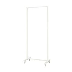 a white garment rack with wheels on the front and back sides, against a white background