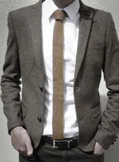 Another perfect office attire. Tie Casual Outfit, Academic Life, Knit Tie, Brown Pants, Gentleman Style, Suit And Tie, Looks Style, Tweed Jacket