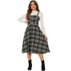 Plaid, Suspender Overall Dress, Square Neck, Button Decor, Sleeveless, Tie Belt Waist, Invisible Zipper, A-Line. This cute plaid dress is preppy and casual. It is easy to pair it with different tops or sweaters, for women, ladies, or students. Suitable for Casual Daily, School Day, Cafe or Tea Time, Office Working, Interview, Shopping, Weekend, Dating, Party, Street Style, Graduation Ceremony, and so on. 90s Plaid Dress, Party Street Style, Plaid Sundress, Black Overall Dress, Halloween Plaid, English Dress, Work Aesthetic, Green Plaid Dress, Girls Fall Dresses