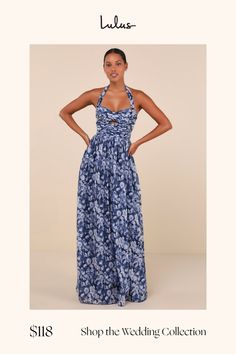 The most gorgeous moments will definitely include you and the Lulus Illustrious Aura Navy Blue Floral Pleated Halter Maxi Dress! Airy, lightly crinkled woven fabric boasts a classic floral design as it shapes a pleated bodice with an overlapping design and a flirty keyhole cutout at the center, supported by slender straps that form a halter neckline (with button-loop closures at the back). The high, fitted waist tops a flowy A-line skirt that cascades down to an elegant maxi hem with a sultry side slit. Hidden back zipper/clasp. Fit: This garment fits true to size. Length: Floor length. Bust: Great for any cup size. Waist: Fitted - very fitted at natural waist. Hip: Not Fitted - fuller skirt allows room for hips. Undergarments: May be worn with petals, or no bra. Fabric: Fabric has no stre Blue Maxi Halter Sundress, Spring Blue Floral Print Halter Dress, Blue Floral Print Halter Dress, Blue Floral Print Halter Neck Swimwear, Blue Floral Print Halter Top, Overlapping Design, Bridesmaid Dresses Boho, Boho Bridesmaid, Halter Maxi Dress