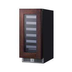 the wine cooler is made from wood and has glass doors on both sides, as well as metal trimmings