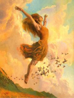 a painting of a woman flying through the air with birds in the sky behind her