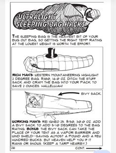 the instructions for sleeping bags are shown in black and white, with an arrow pointing to it