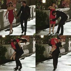 four different pictures of a man and woman in formal wear dancing on the sidewalk at night