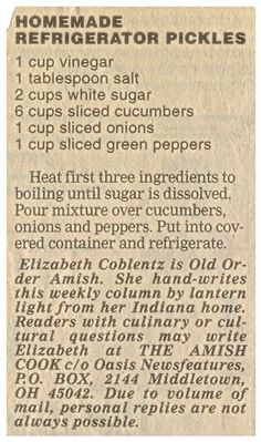 the recipe for homemade refrigerator pickles is shown in an old newspaper paper with black ink