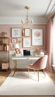 a desk with a laptop on top of it in front of pictures and chandelier