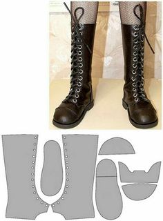 an image of a pair of boots with laces on the bottom and side, next to a cut out pattern