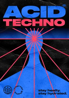 an advertisement for acid techno featuring a man's head with red and blue lines