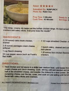 a menu listing the ingredients and instructions for a soup or rice casserole recipe