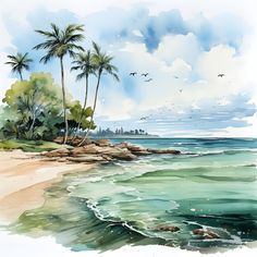 watercolor painting of palm trees on the beach