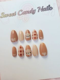 Brown Teddy Bear Press on Nails Teddy Bear Nails Short, Brown Nails Korean, Brown Bear Nails, Teddy Bear Nail Designs, Uñas Press On, Bear Nails Designs, Cute Bear Nails, Cute Brown Nails, Teddy Nails