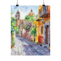 a watercolor painting of an alleyway with flowers and buildings