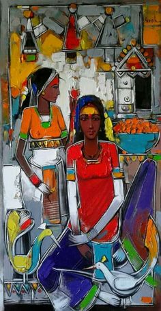 a painting of two women sitting in front of a counter