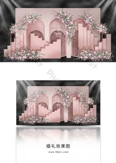 an image of a stage set with flowers and archways on the side, in pink tones