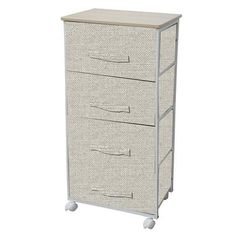 three drawer cabinet with wheels on the bottom and two drawers on the top, in white fabric