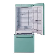 an open refrigerator and freezer combination on a white background