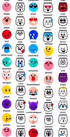 an image of many different emoticions on a sticker sheet with words in the middle