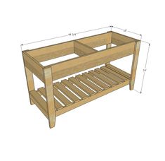 a wooden bench with measurements for the bottom shelf