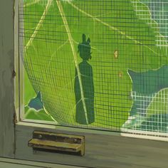 the shadow of a person on a green leaf is seen through a mesh screen window