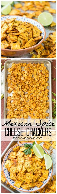 mexican style cheesy crackers with lime wedges on top and in the bottom