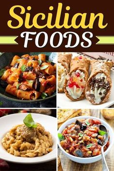 different foods are shown in this collage with the words sicilian foods above them and below it