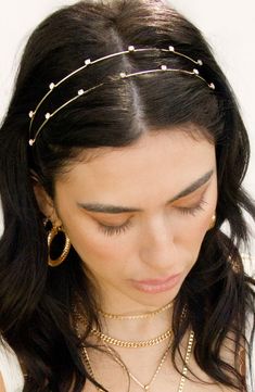 A double-row headband is adorned with glittering crystals that add glamour to any look, in seconds. Metal/glass Imported Wire Headband, Perfect Bride, Gold Headband, Crystal Headband, Headband Styles, Diamond Charm, Gold Hair, Lariat Necklace, Headband Hairstyles