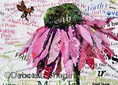 a collage of pink flowers with words written all over them and a bee on top