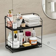 a bathroom shelf filled with personal care items