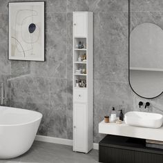 a bathroom with a sink, mirror and bathtub next to a wall mounted cabinet