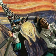 people riding on roller coasters in front of an image of the screamous painting