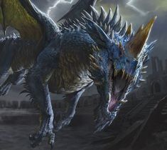 a blue dragon with yellow wings is in front of a dark sky and some clouds