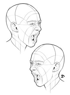 an image of two faces with different angles and lines on the face, one is screaming