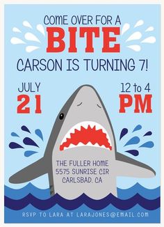 a shark birthday party poster with the words, come over for a bite caron is turning