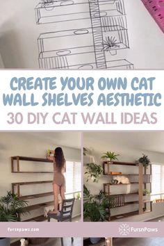 Cat Wall Shelves Aesthetic Classy Cat Wall, Cat Shelves Above Couch, Homemade Cat Shelf, Cat Shelving Wall, Cat Shelves Over Bed, Diy Cat Closet Ideas, Diy Wall Mounted Cat Shelves, Diy Cat Perch Wall, Cat Ramps On Wall