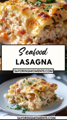 seafood lasagna with cheese and parmesan sauce on top is shown in this collage