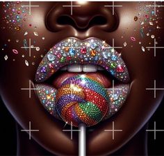 a woman's lips with glitter on them and a lollipop ball in her mouth