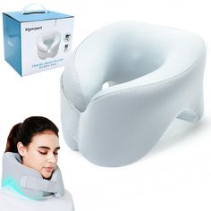 a woman wearing a neck pillow with an inflatable device attached to it