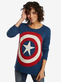 Marvel Captain America Shield Sweater, BLUE, hi-res 50s Outfit, America Sweater, Captain America Shirt, America Dress, Nerd Chic, Geeky Fashion, Walking Outfits, Geek Squad, Captain America Shield