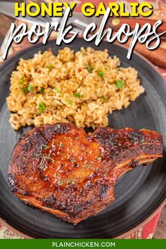 honey garlic pork chops on a plate with rice