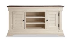 a white entertainment center with two doors and shelves on one side, an open shelf to the other