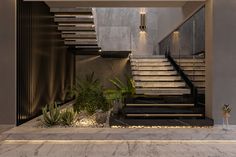 a staircase leading up to the top floor of a house with plants and potted plants